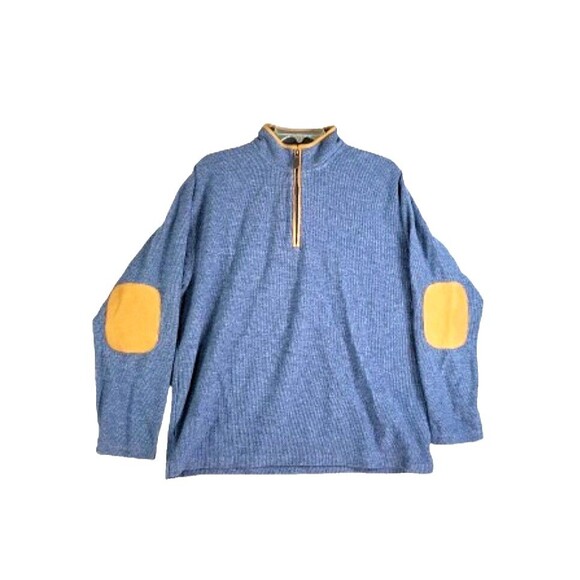 ORVIS Blue Pullover Knit Sweater Tan Leather Trim Elbow Patches Sz XL 1/4 Zip - Picture 1 of 9
